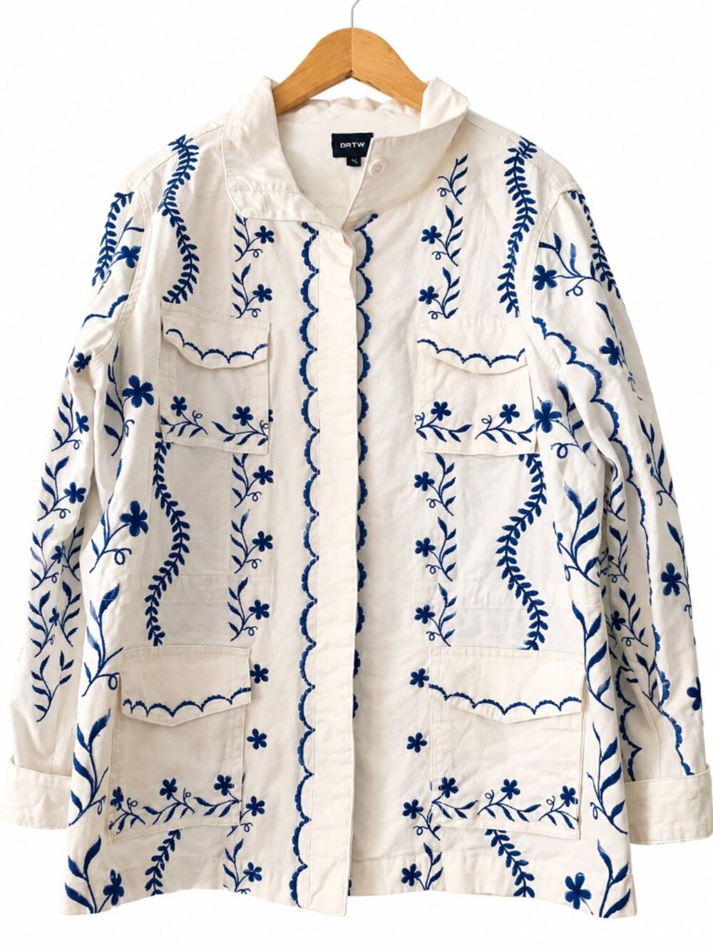 Driftwood White Blue Embroidered Cotton Linen Utility Jacket Boho Long Sleeve L